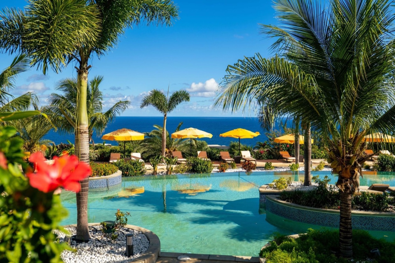 The ocean-view pool at Golden Rock Resort